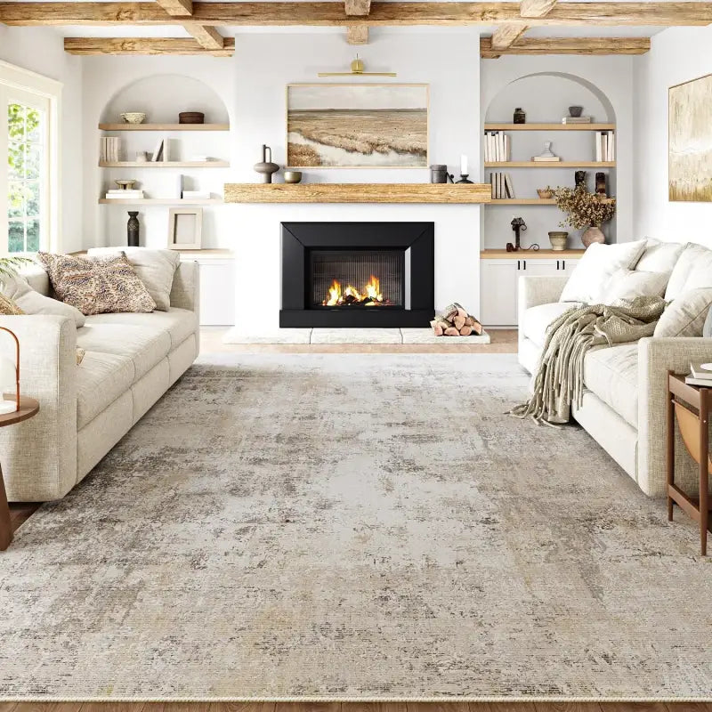 10x14 Washable Beige & Grey Abstract Area Rug - Non-Slip Soft Low Pile for Living Room & Bedroom - United States