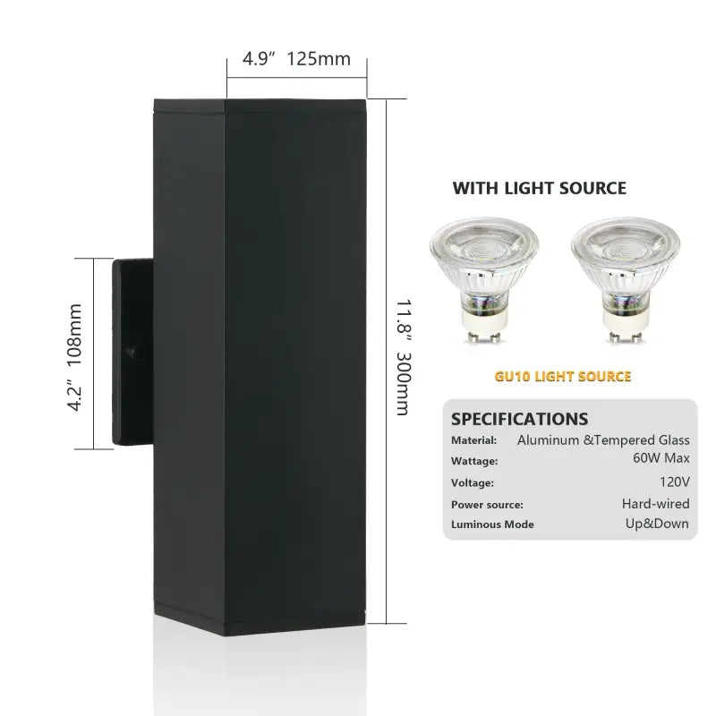 Black aluminum and tempered glass wall light with dimensions and specifications.