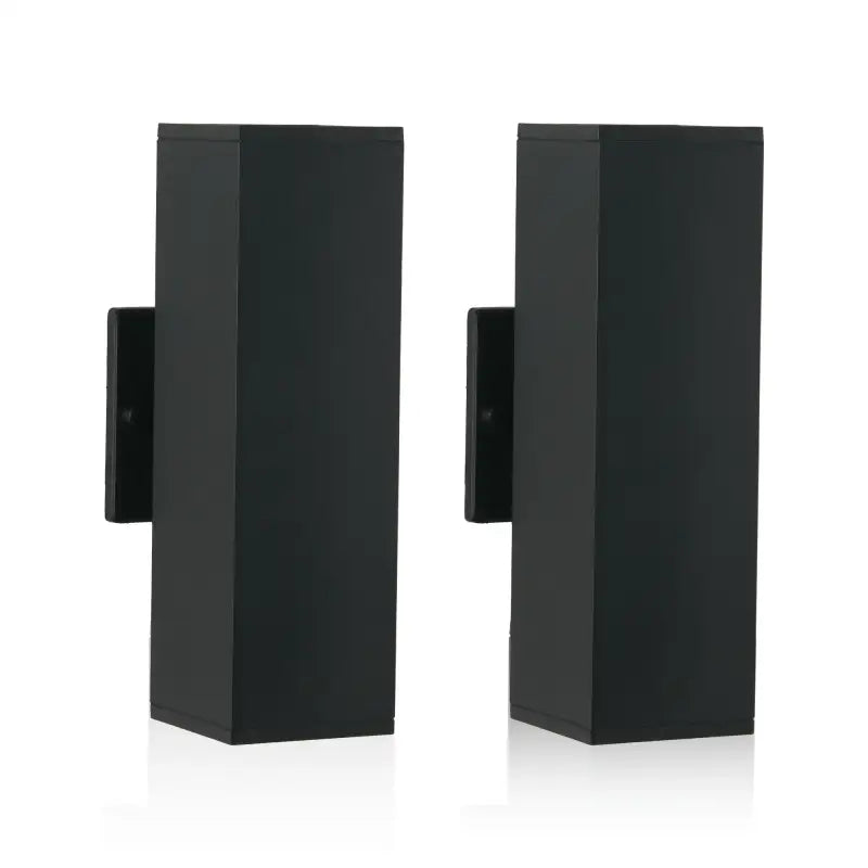 Two black, rectangular wall sconces.