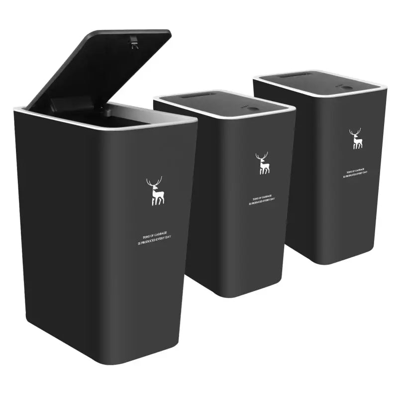 Black rectangular trash cans.