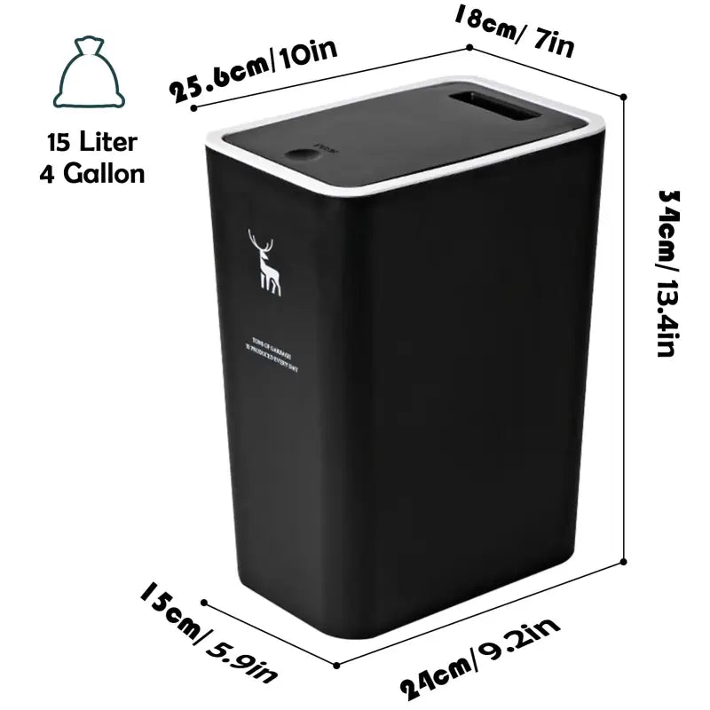 Black rectangular trash can with dimensions.