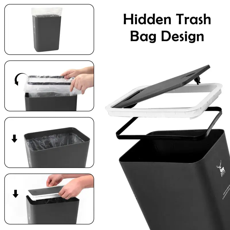 Black trash can with hidden bag design.