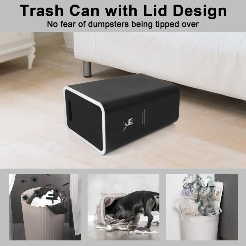 Black, rectangular trash can with lid.