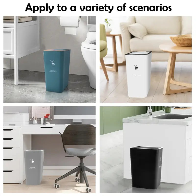 Rectangular trash cans in various colors.