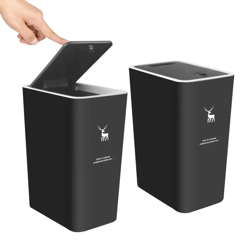 Black rectangular trash can with deer logo.