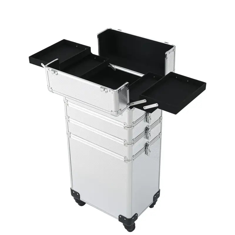 Rolling aluminum makeup case with multiple compartments and fold-out trays.