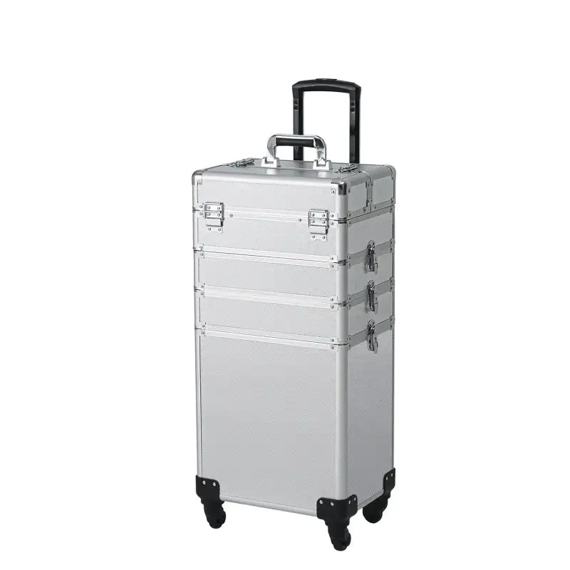 Silver aluminum rolling trolley case with multiple compartments and a telescopic handle.