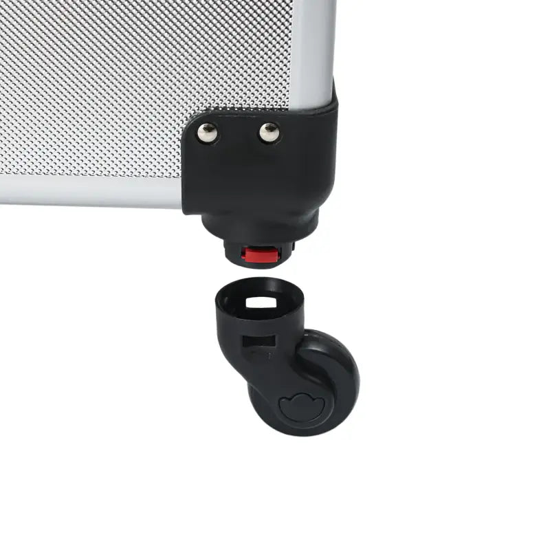 Black plastic swivel wheel or caster with mounting bracket.