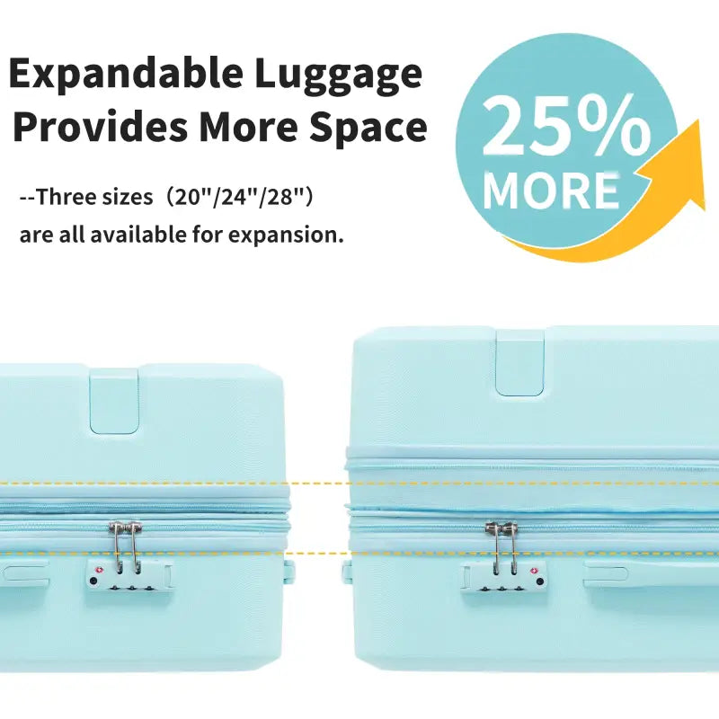 Expandable light blue luggage.