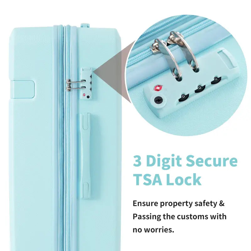 Light blue suitcase with TSA lock.