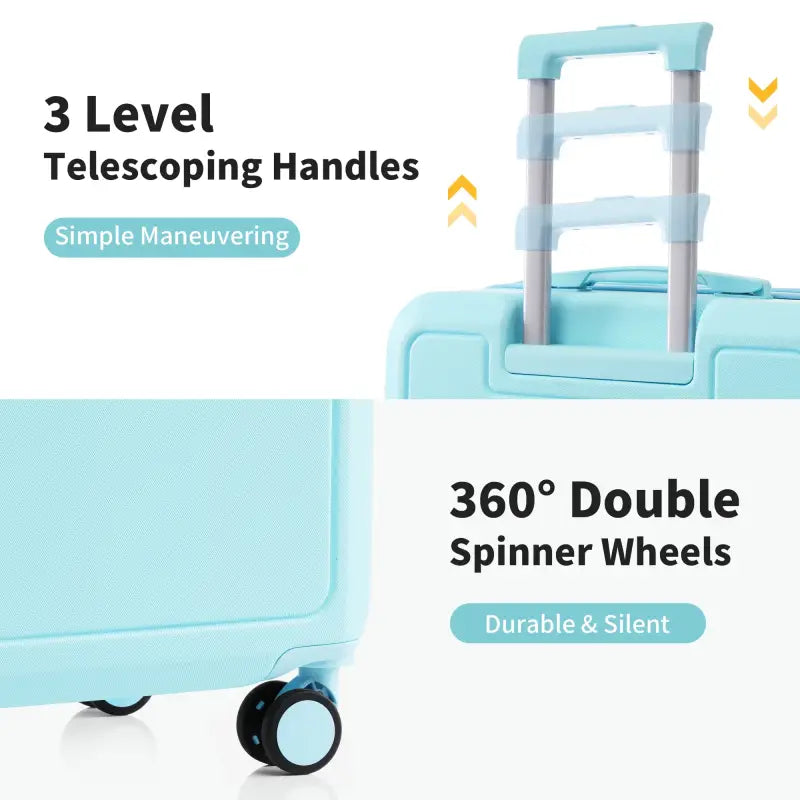 Light blue suitcase with telescoping handle and spinner wheels.
