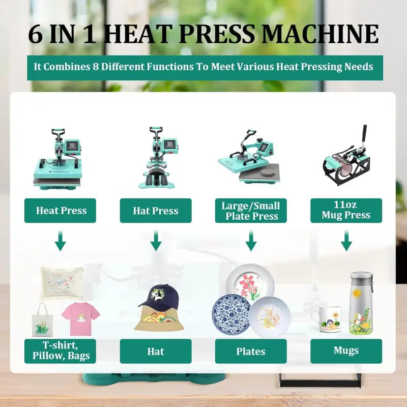 6-in-1 Heat Press Machine 15’’x15’’ Digital Sublimation Combo for T-Shirts Bags Caps Mugs & More - United States