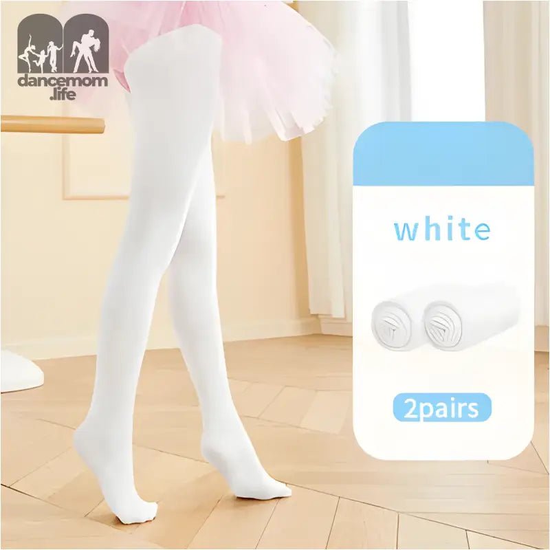 White ballet tights with a product package showing ’2 pairs’