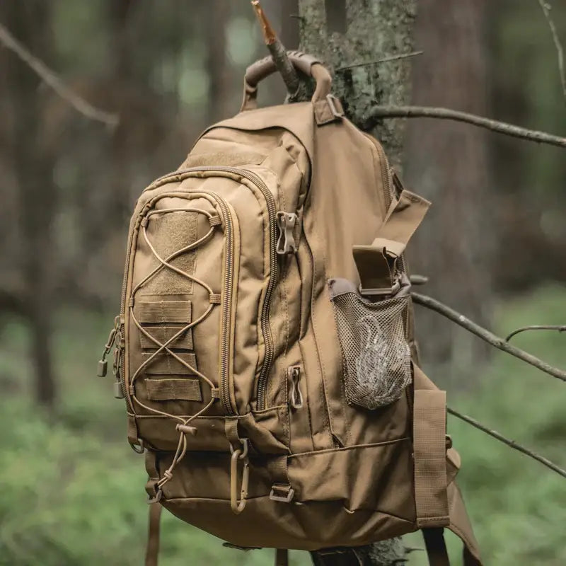 Tan tactical backpack.