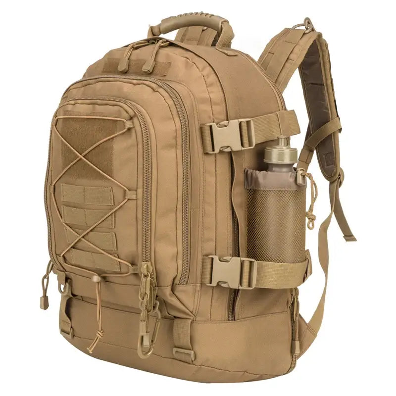 Tan tactical backpack with water bottle.