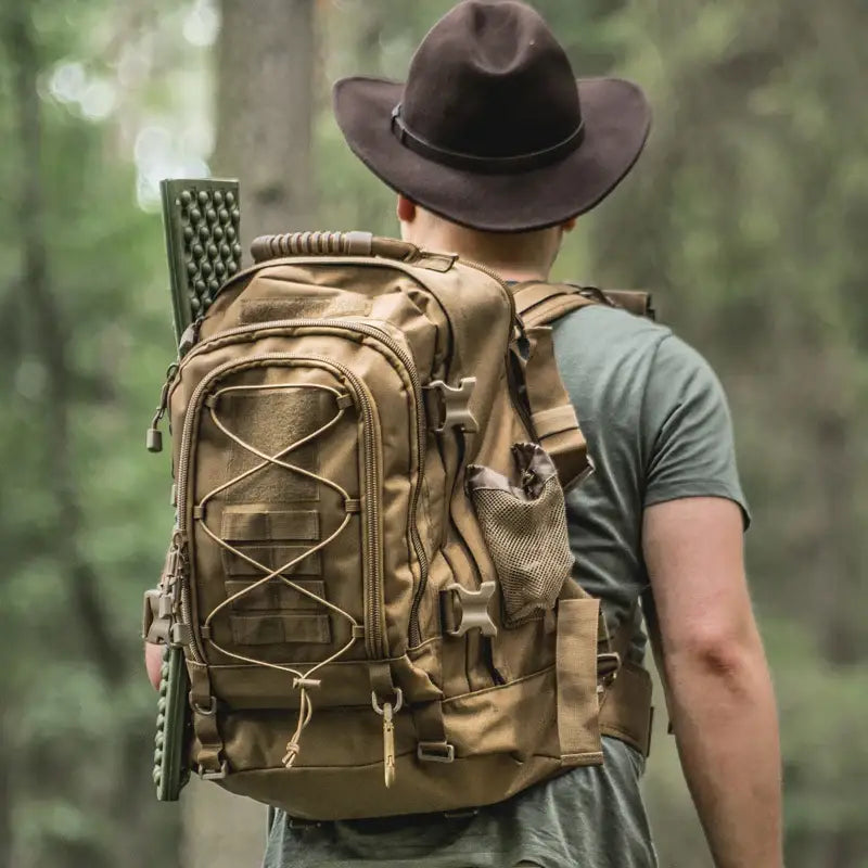 Tan hiking backpack.