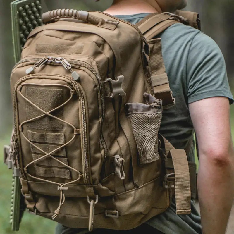 Tan tactical backpack.