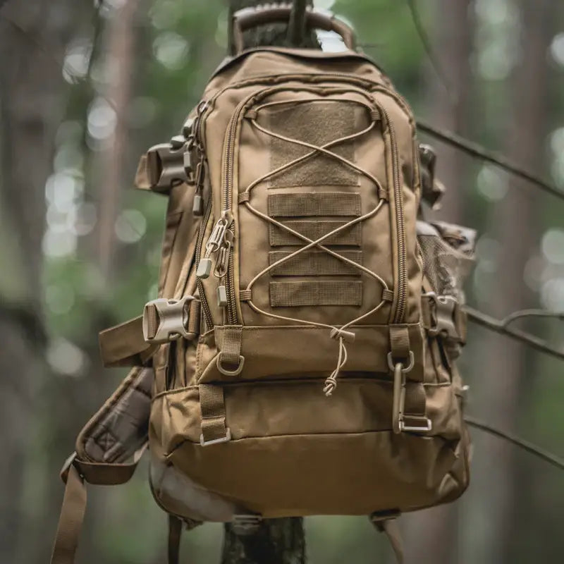 Tan tactical backpack.