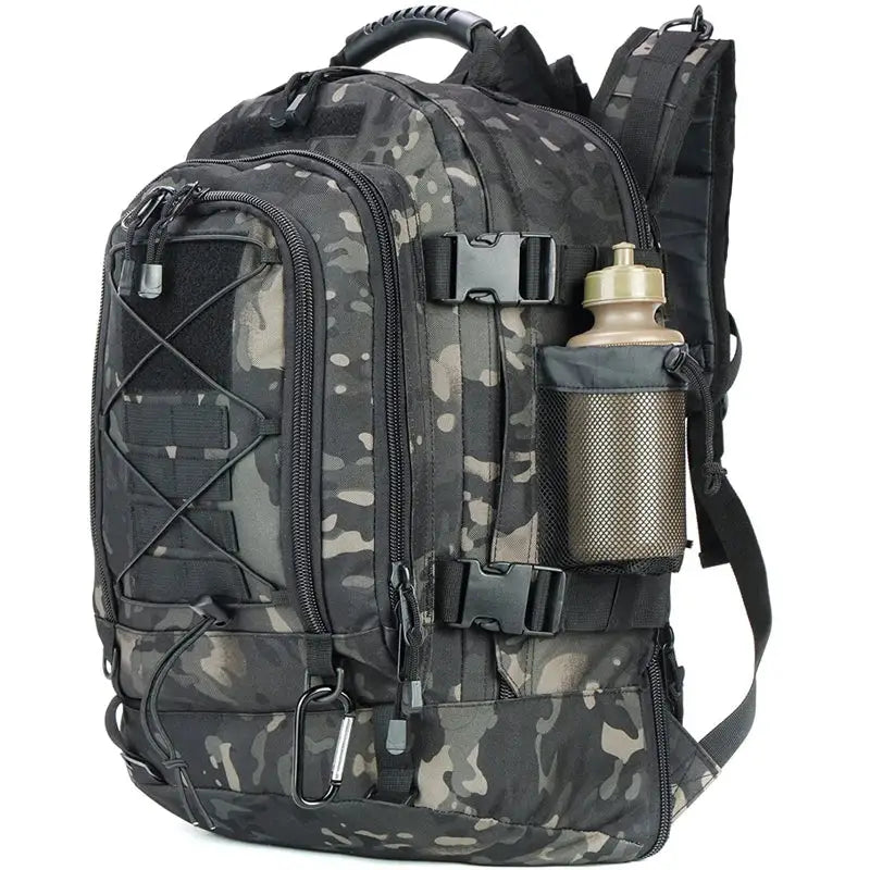 Camouflage tactical backpack with water bottle.