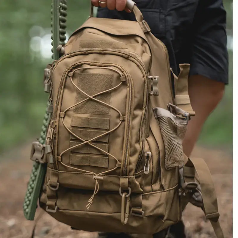 Tan tactical backpack.