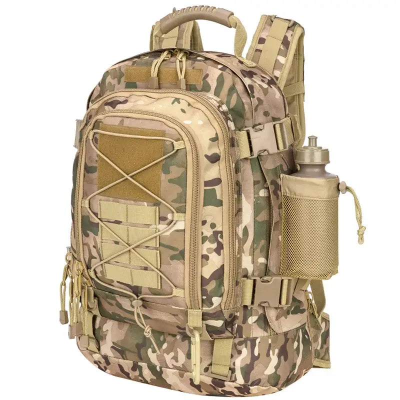 Camouflage tactical backpack with water bottle.