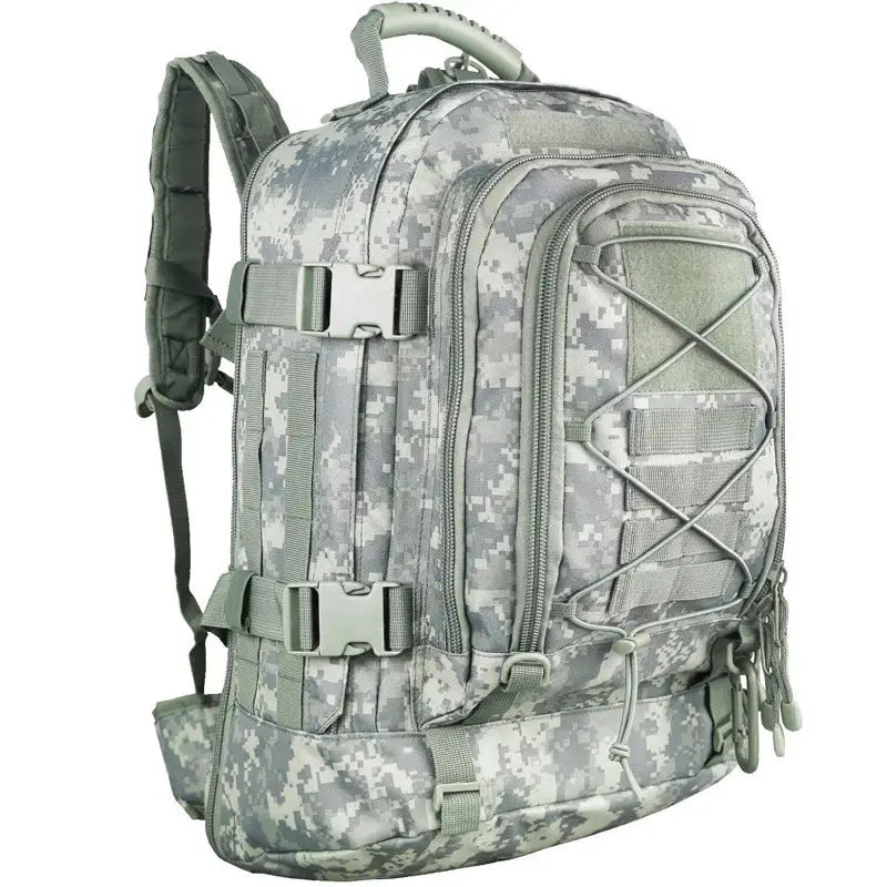 Gray camouflage backpack.