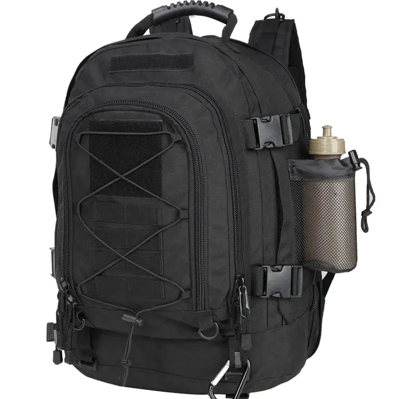 Black tactical backpack with water bottle.