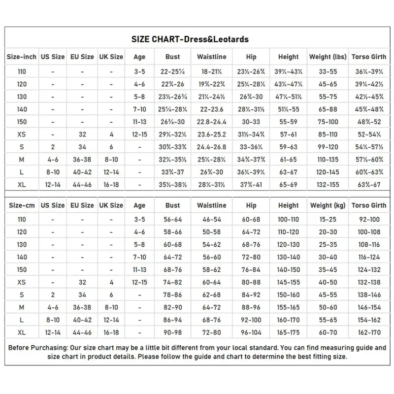 Size chart for dance or gymnastics leotards showing measurements and age ranges.