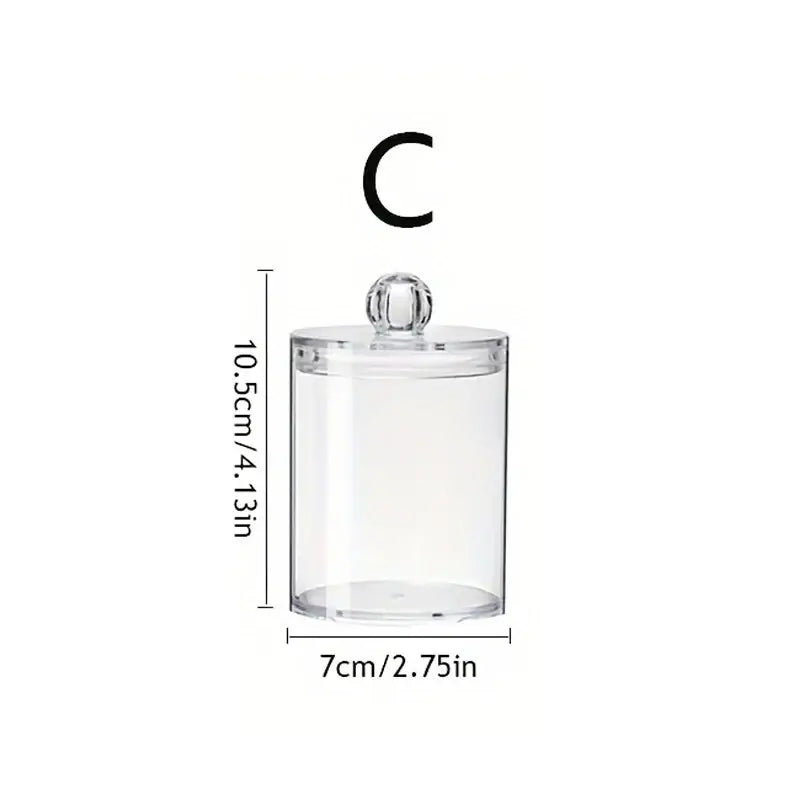 Clear acrylic cotton swab holder with lid.