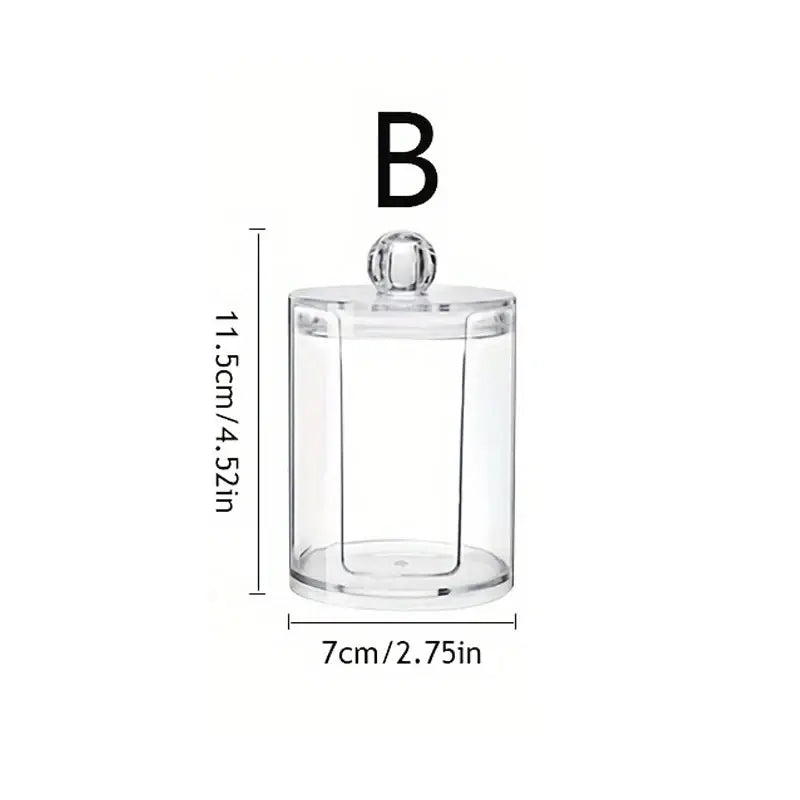 Clear acrylic cotton swab holder with dimensions.