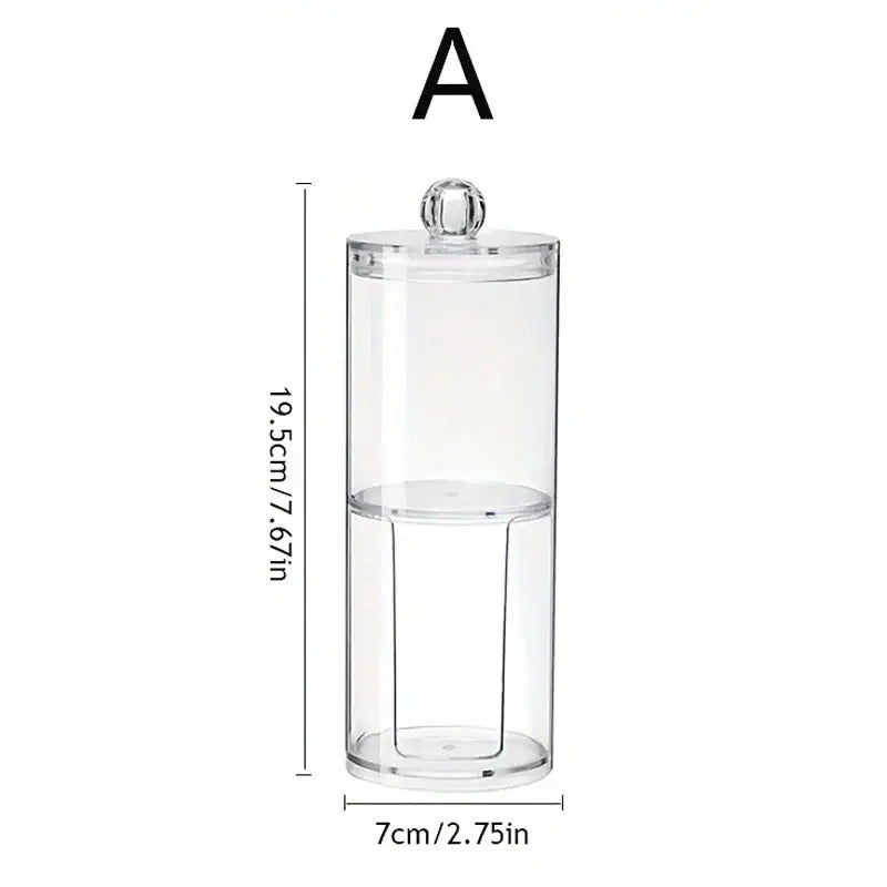 Clear cylindrical storage container with lid.