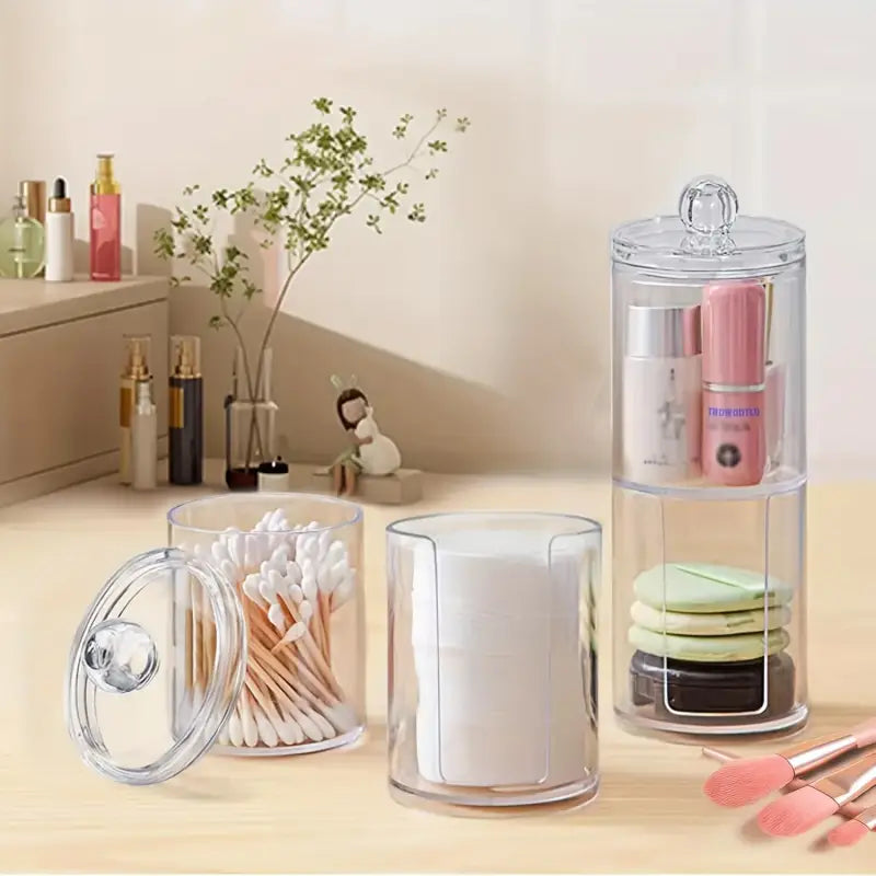 Clear plastic cosmetic organizers.