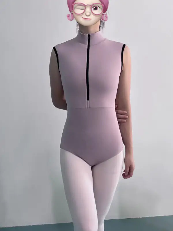 Pink long-sleeved dance leotard with a half-zip front neckline.