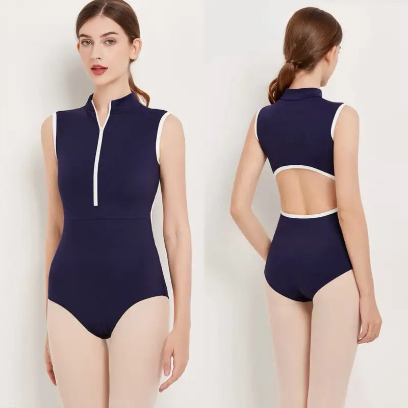 Navy blue sleeveless leotard with white trim and cutout back detail.
