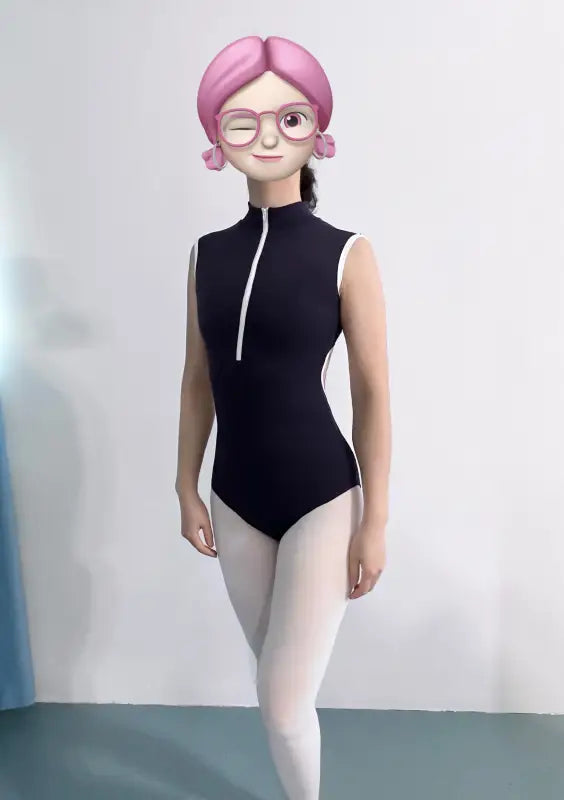 Black sleeveless leotard with white zipper detail at the neckline.
