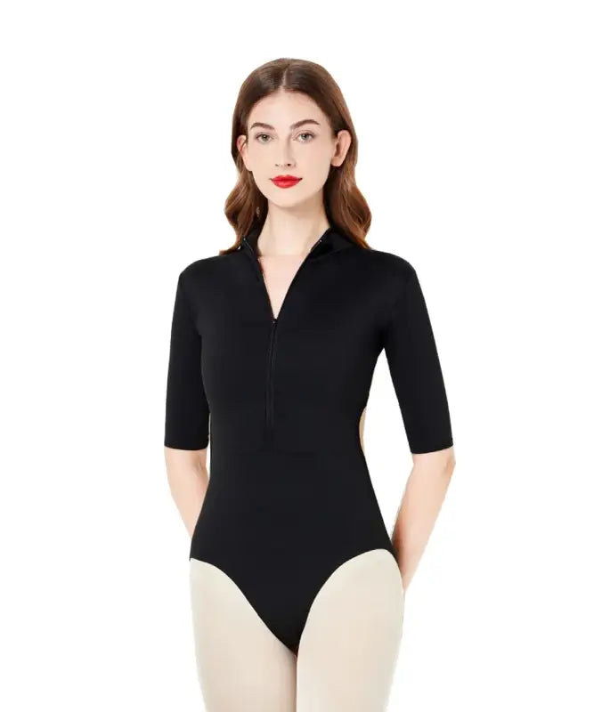Black half-sleeve zip-front dance leotard with a mock turtleneck collar.