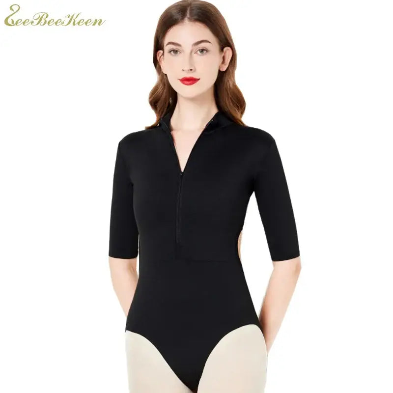 Black half-sleeve zip-front leotard with a mock turtleneck collar.