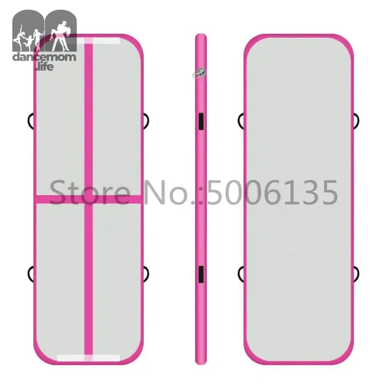 Pink and gray inflatable gymnastics mat.