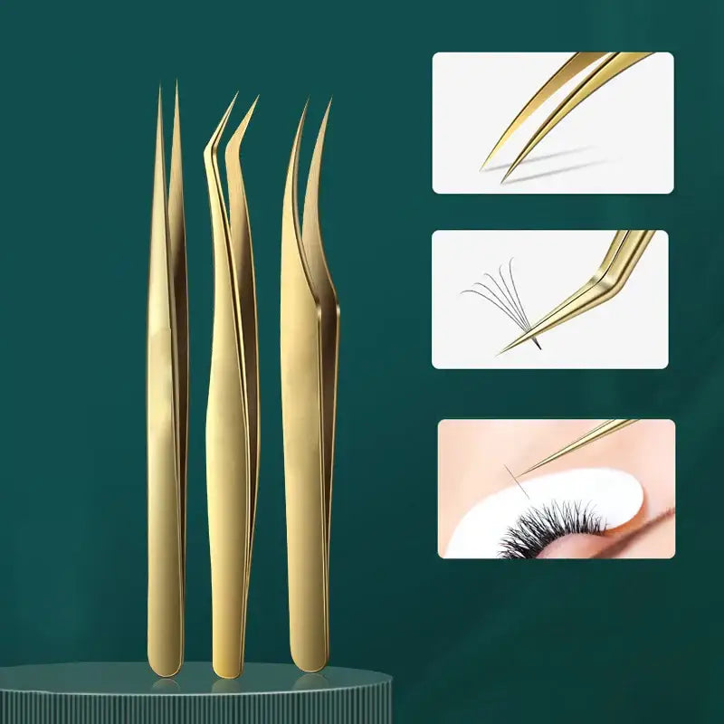 Golden eyelash extension tweezers.