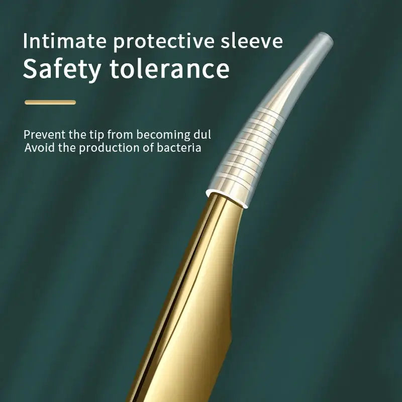 Gold tweezers with protective sleeve.