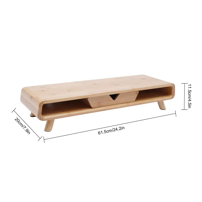 Wooden monitor stand with dimensions.