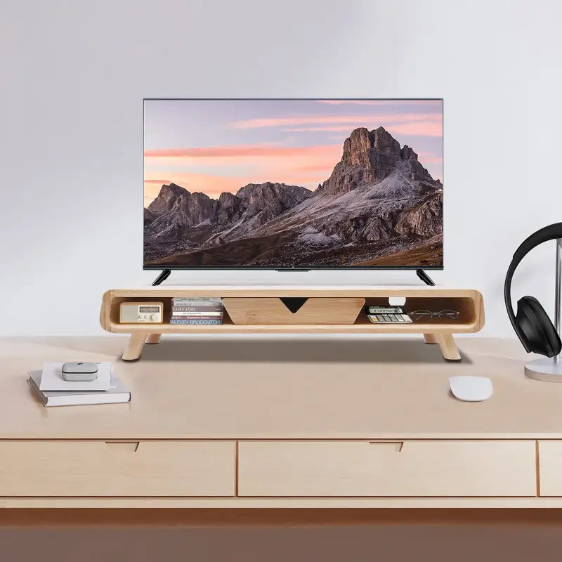 Wooden monitor stand with storage.