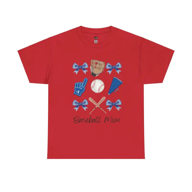 Red t-shirt featuring baseball equipment graphics and blue bows with ’Baseball Mom’ text.
