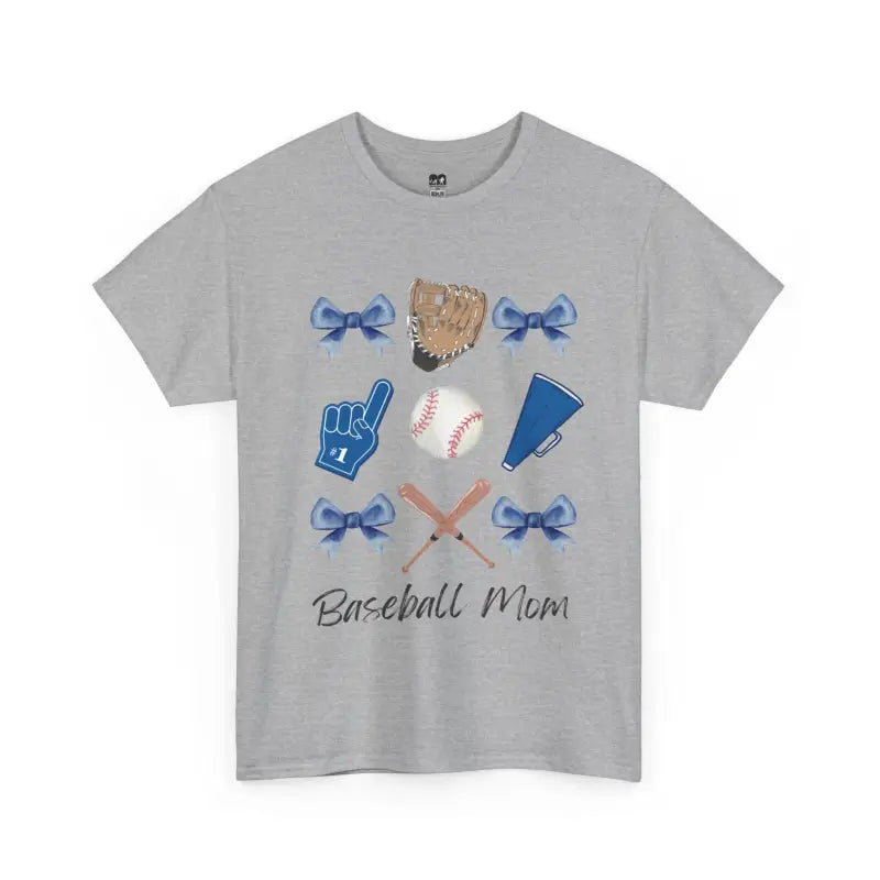 Grey t-shirt featuring baseball-themed graphics including bows, a glove, ball, foam finger, and crossed bats with ’Baseball Mom’ text.