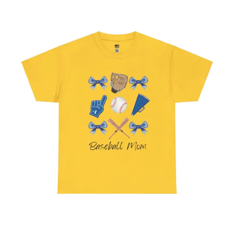 Yellow t-shirt with baseball-themed graphics and ’Baseball Mom’ text.