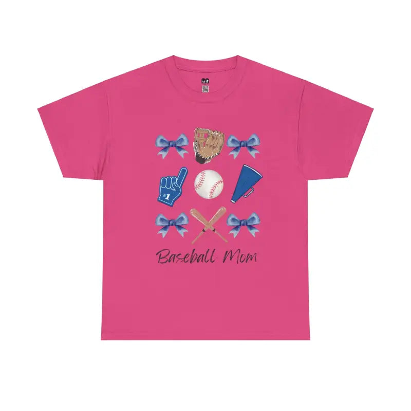 Pink t-shirt with baseball-themed graphics and blue bows displaying ’Baseball Mom’ text.