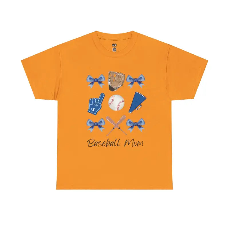 Orange t-shirt with ’Baseball Mom’ text and baseball-themed graphics including bows, glove, ball, and pennant.