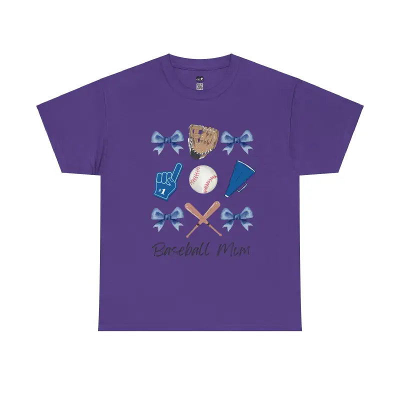 Purple t-shirt with baseball-themed graphics featuring bows, bats, glove, and ball design.