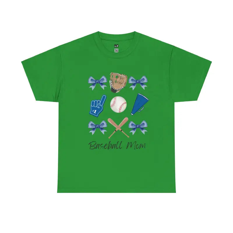 Green t-shirt with baseball-themed graphics and ’Baseball Mom’ text.