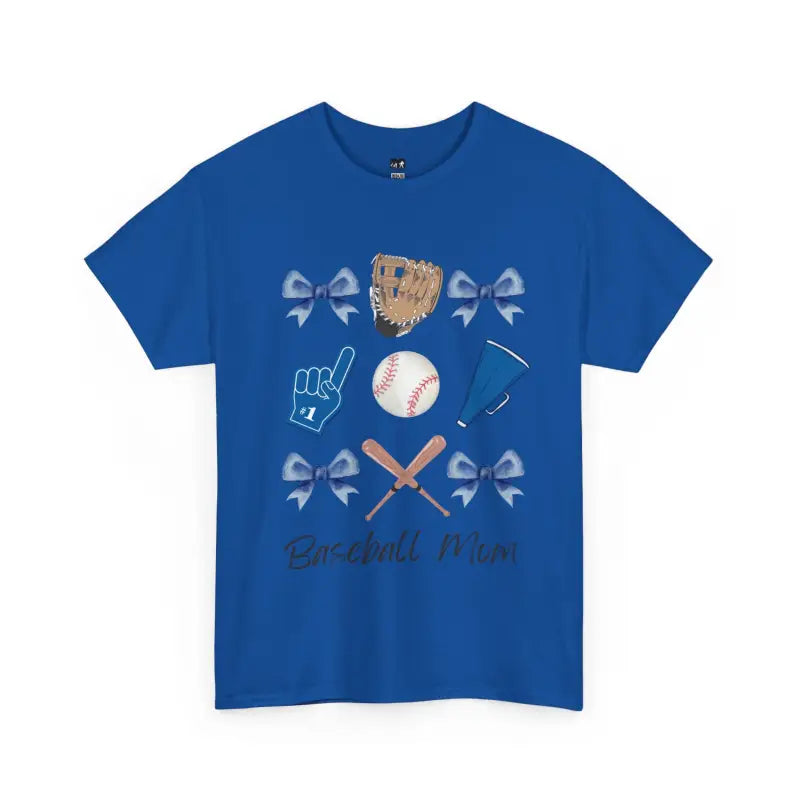Royal blue t-shirt featuring baseball-themed graphics with bows, gloves, and crossed bats.
